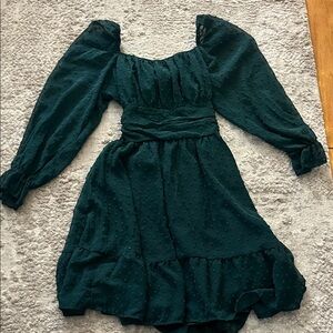 Amazon Essentials Dark Green Backless Swiss Dot Puff Sleeve Dress